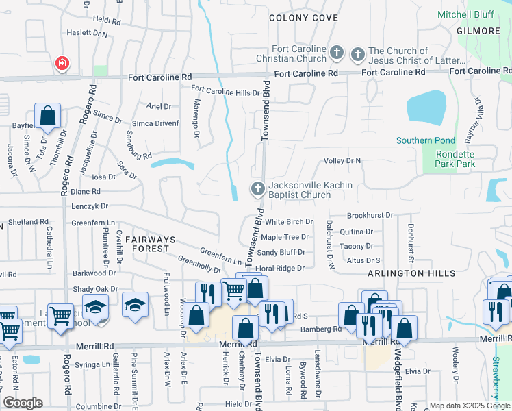 map of restaurants, bars, coffee shops, grocery stores, and more near 3238 Townsend Boulevard in Jacksonville