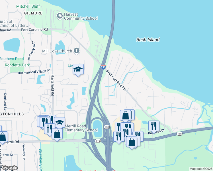 map of restaurants, bars, coffee shops, grocery stores, and more near 9132 Mount Arlington Court in Jacksonville