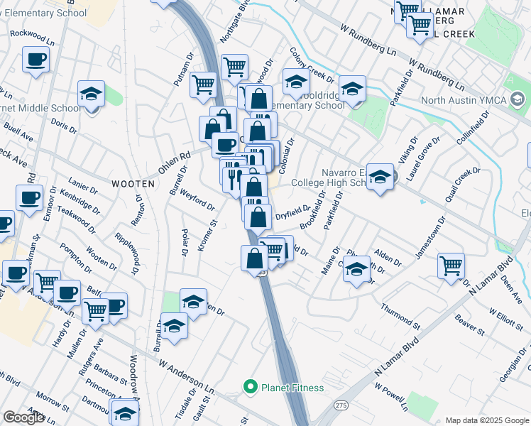 map of restaurants, bars, coffee shops, grocery stores, and more near 8502 Dryfield Drive in Austin