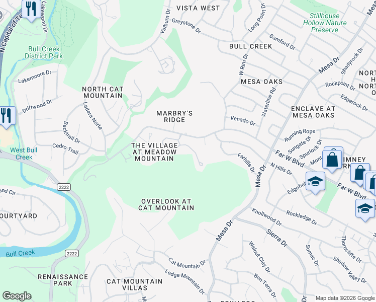 map of restaurants, bars, coffee shops, grocery stores, and more near 4311 Canyonside Trail in Austin