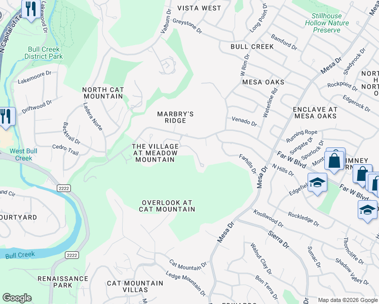 map of restaurants, bars, coffee shops, grocery stores, and more near 4311 Canyonside Trail in Austin