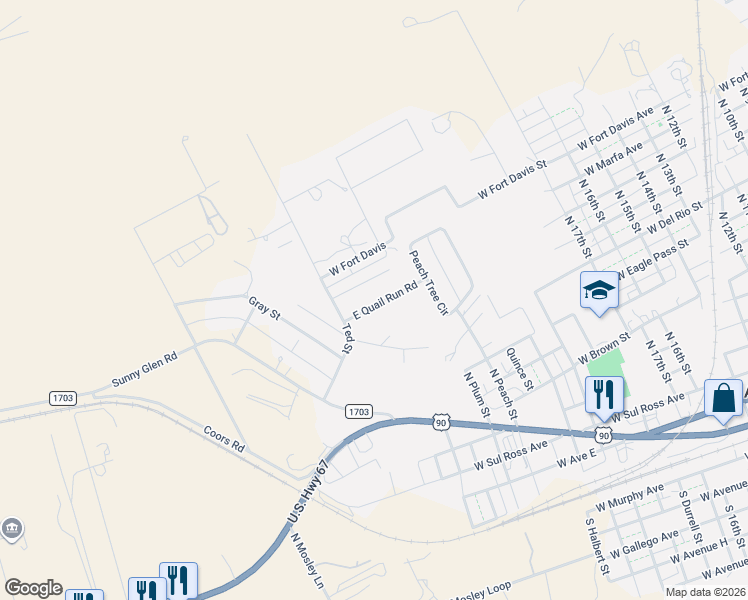 map of restaurants, bars, coffee shops, grocery stores, and more near 2105 Peach Tree Circle in Alpine