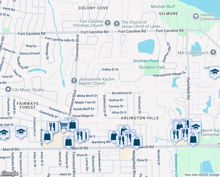 map of restaurants, bars, coffee shops, grocery stores, and more near 7344 US Open Boulevard in Jacksonville