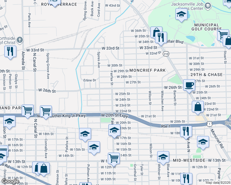 map of restaurants, bars, coffee shops, grocery stores, and more near 1724 West 26th Street in Jacksonville