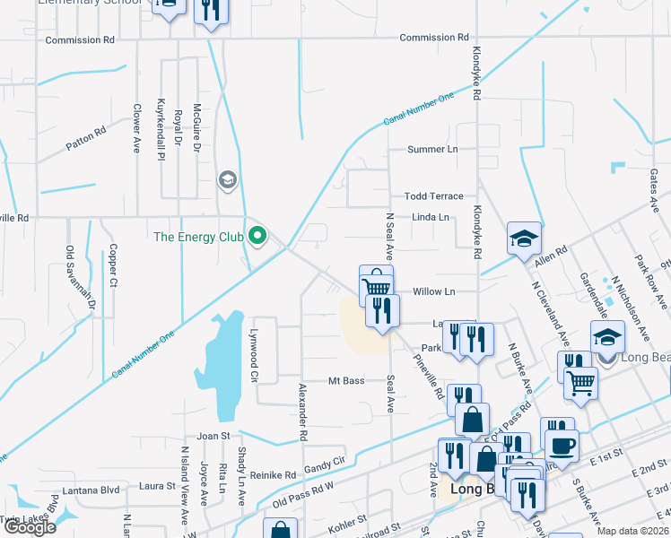 map of restaurants, bars, coffee shops, grocery stores, and more near 698 Alexander Road in Long Beach