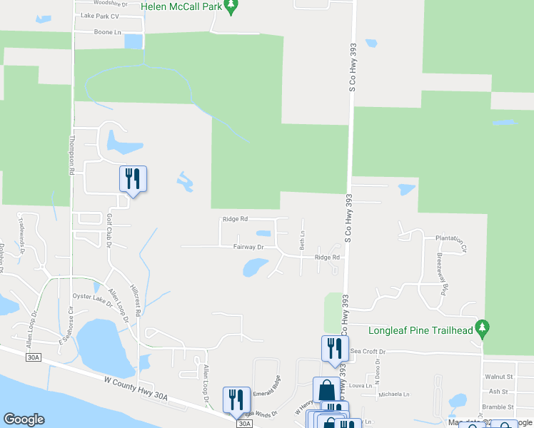 map of restaurants, bars, coffee shops, grocery stores, and more near 400 Ridge Road in Santa Rosa Beach