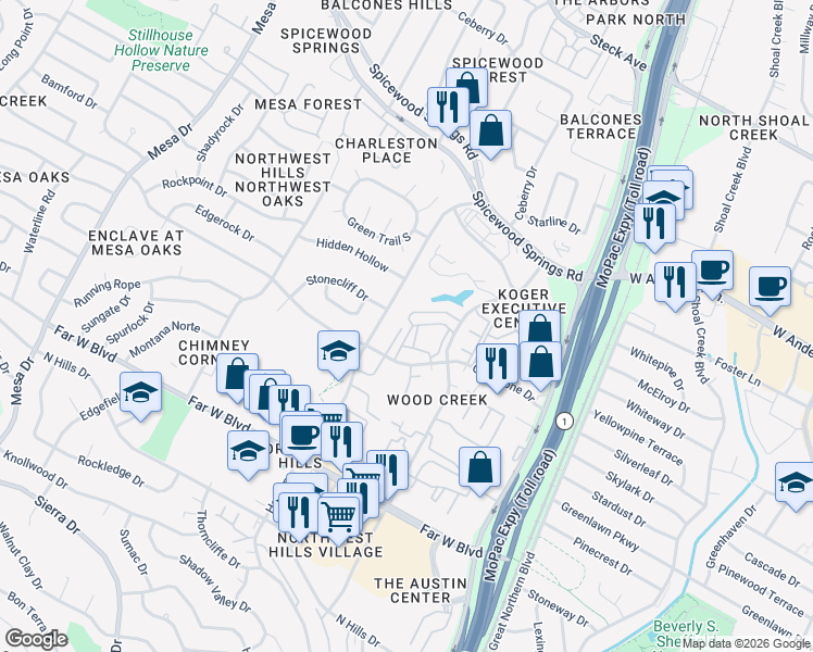 map of restaurants, bars, coffee shops, grocery stores, and more near 3600 Greystone Drive in Austin