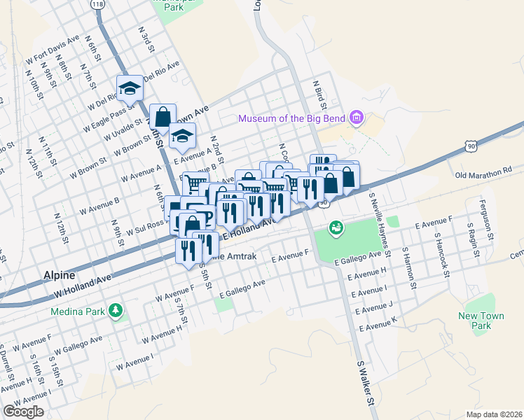 map of restaurants, bars, coffee shops, grocery stores, and more near 502 Tippett Place in Alpine