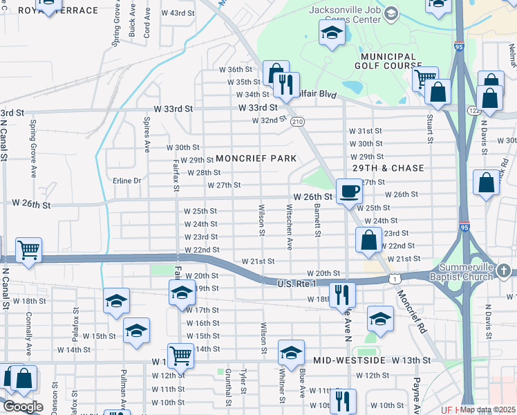 map of restaurants, bars, coffee shops, grocery stores, and more near 1522 West 26th Street in Jacksonville