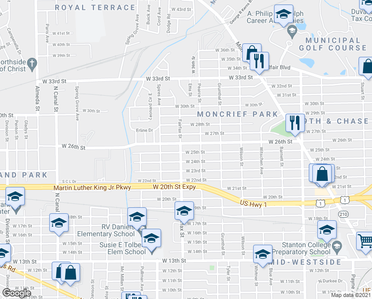 map of restaurants, bars, coffee shops, grocery stores, and more near 1724 West 26th Street in Jacksonville