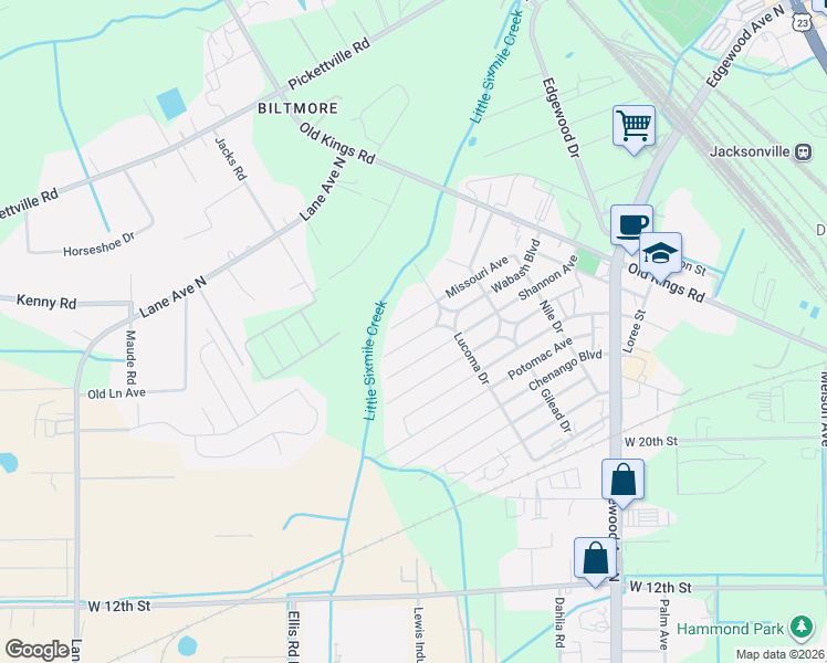 map of restaurants, bars, coffee shops, grocery stores, and more near 5455 Missouri Avenue in Jacksonville