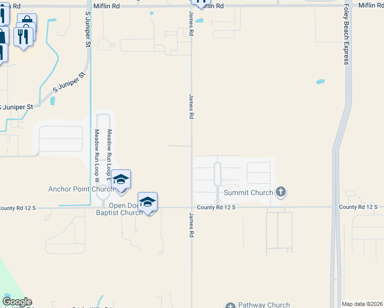 map of restaurants, bars, coffee shops, grocery stores, and more near 9270-9520 James Rd in Foley