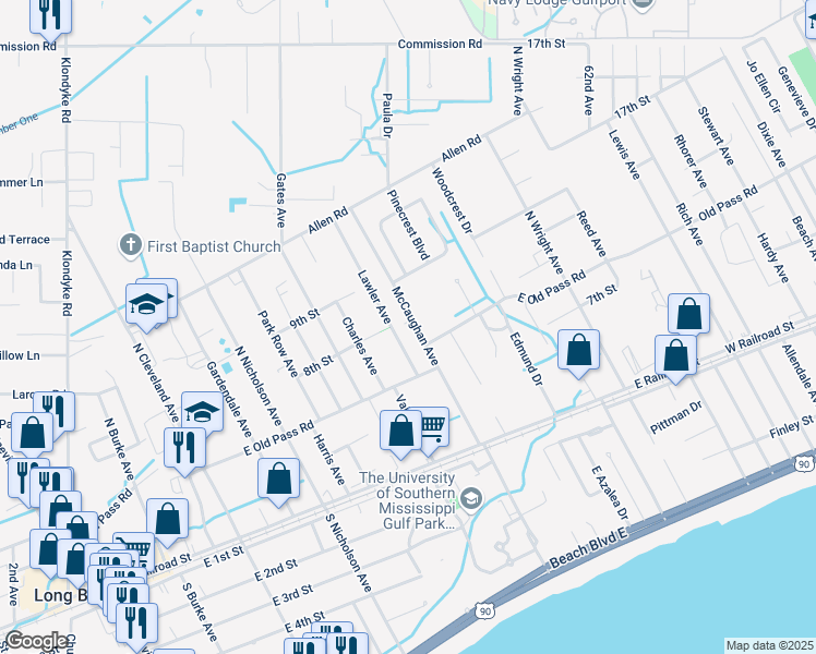 map of restaurants, bars, coffee shops, grocery stores, and more near 314 Lawler Avenue in Long Beach