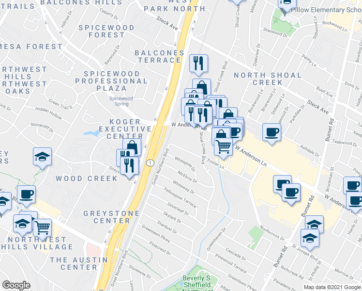 map of restaurants, bars, coffee shops, grocery stores, and more near 3318 Foster Lane in Austin