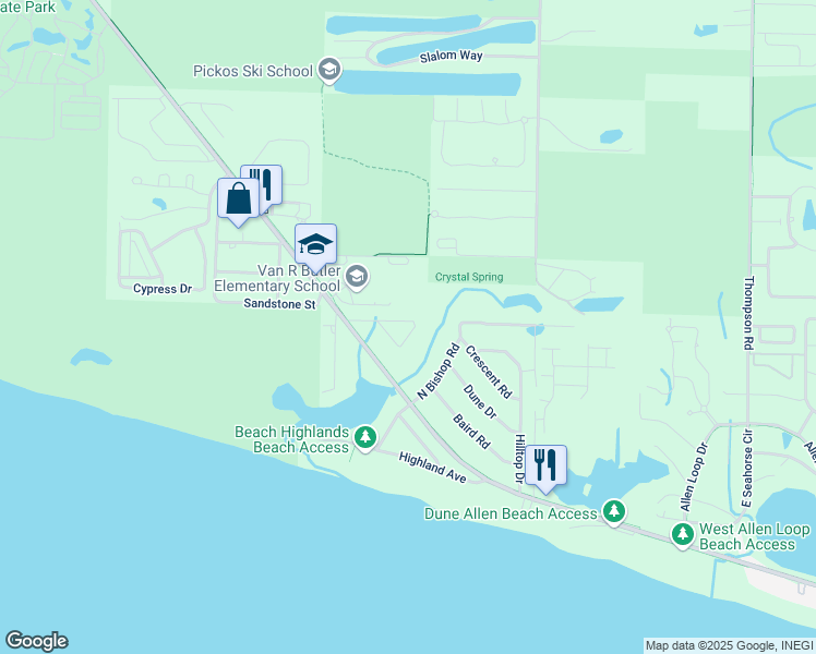 map of restaurants, bars, coffee shops, grocery stores, and more near 165 Sunrise Circle in Santa Rosa Beach