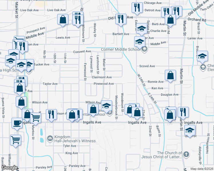 map of restaurants, bars, coffee shops, grocery stores, and more near 2703 Pinewood Avenue in Pascagoula