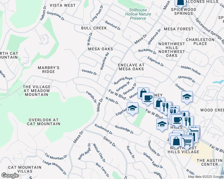 map of restaurants, bars, coffee shops, grocery stores, and more near 4020 Far West Boulevard in Austin