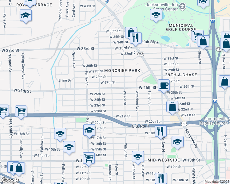 map of restaurants, bars, coffee shops, grocery stores, and more near 1591 West 25th Street in Jacksonville