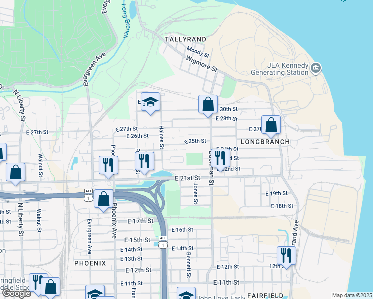 map of restaurants, bars, coffee shops, grocery stores, and more near East 24th Street in Jacksonville