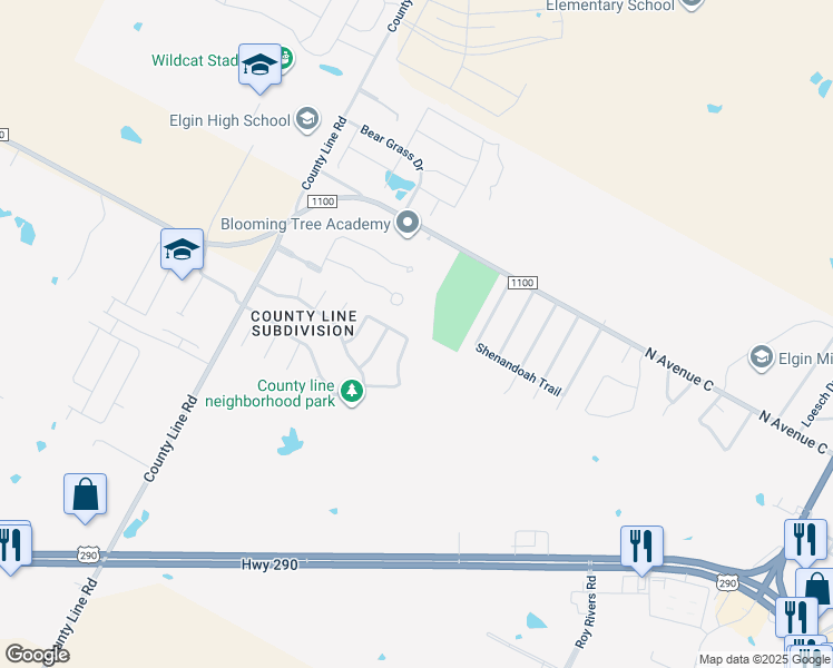 map of restaurants, bars, coffee shops, grocery stores, and more near 722 Lavaca Loop in Elgin