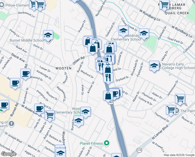 map of restaurants, bars, coffee shops, grocery stores, and more near 8507 Kromer Street in Austin