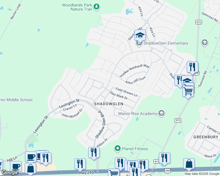 map of restaurants, bars, coffee shops, grocery stores, and more near 13501 Glen Mark Drive in Manor