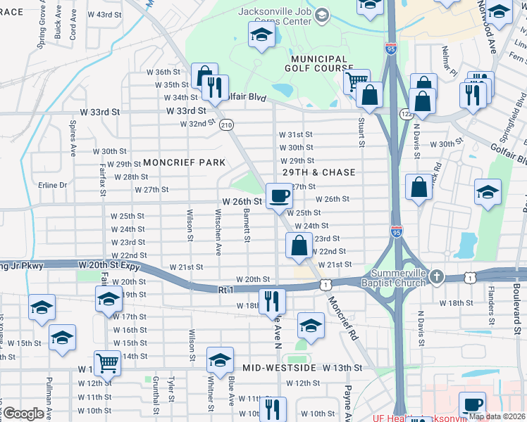 map of restaurants, bars, coffee shops, grocery stores, and more near 3528 Moncrief Road in Jacksonville