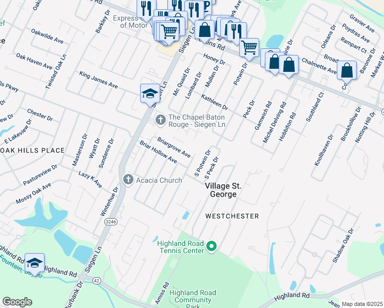 map of restaurants, bars, coffee shops, grocery stores, and more near 13131 Briargrove Avenue in Baton Rouge