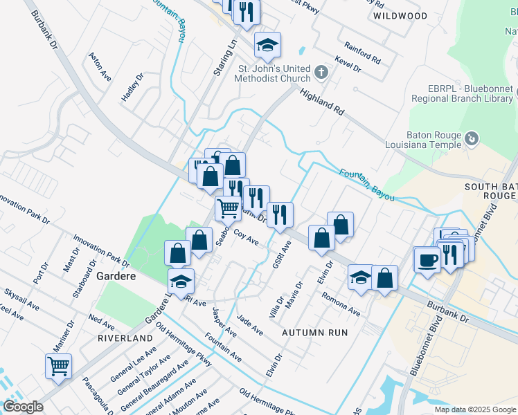 map of restaurants, bars, coffee shops, grocery stores, and more near 9425 Burbank Drive in Baton Rouge