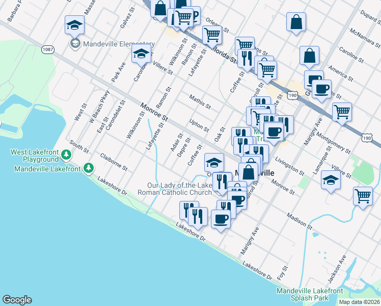 map of restaurants, bars, coffee shops, grocery stores, and more near 442 Coffee Street in Mandeville