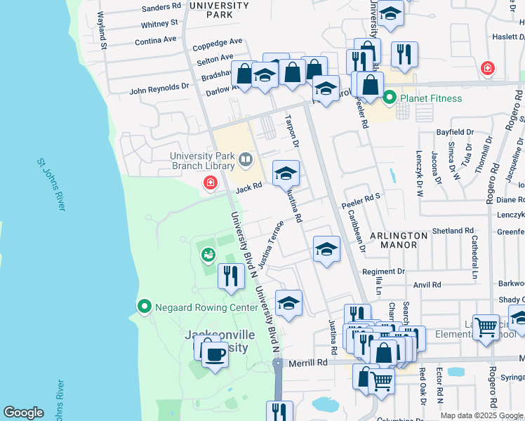 map of restaurants, bars, coffee shops, grocery stores, and more near 3406 Justina Road in Jacksonville