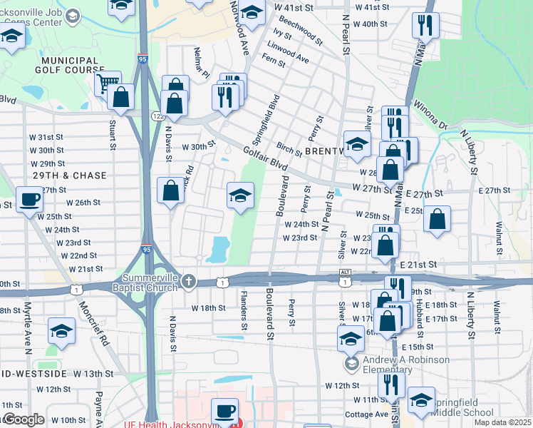 map of restaurants, bars, coffee shops, grocery stores, and more near 533 West 25th Street in Jacksonville