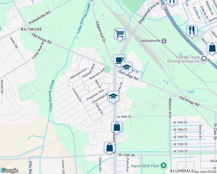 map of restaurants, bars, coffee shops, grocery stores, and more near 5050 Shenandoah Avenue in Jacksonville