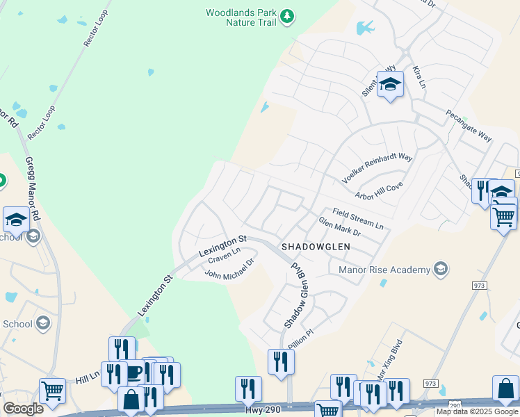 map of restaurants, bars, coffee shops, grocery stores, and more near 11609 Sunny Creek Lane in Manor