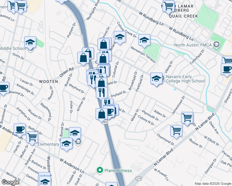 map of restaurants, bars, coffee shops, grocery stores, and more near 8505 Remington Lane in Austin