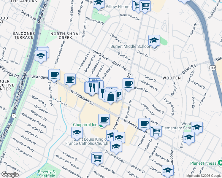 map of restaurants, bars, coffee shops, grocery stores, and more near 8001 Pinedale Cove in Austin