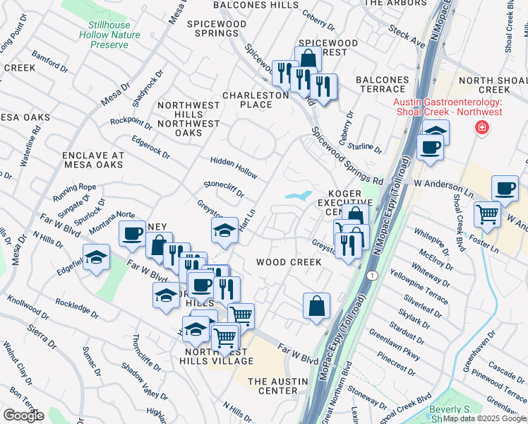 map of restaurants, bars, coffee shops, grocery stores, and more near 3600 Greystone Drive in Austin