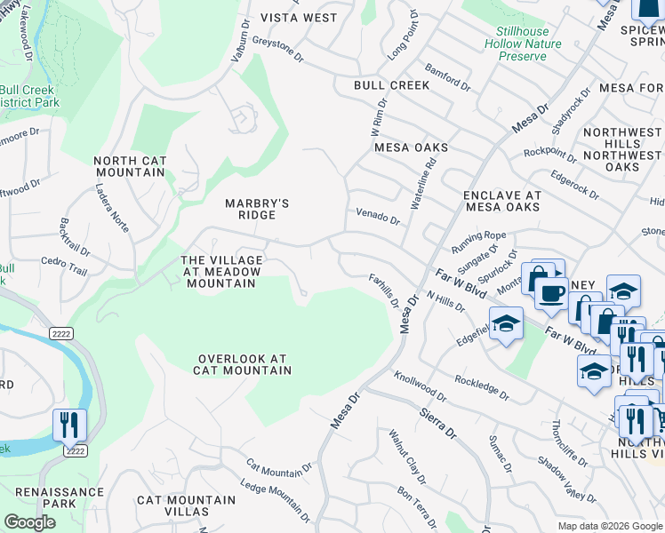 map of restaurants, bars, coffee shops, grocery stores, and more near 4307 Farhills Drive in Austin