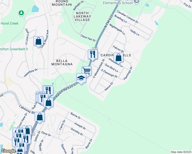 map of restaurants, bars, coffee shops, grocery stores, and more near 404 Hummingbird Lane in Austin