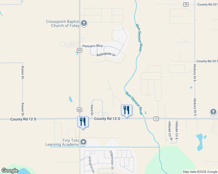 map of restaurants, bars, coffee shops, grocery stores, and more near 3827 Chesterfield Lane in Foley
