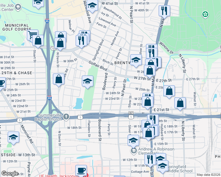 map of restaurants, bars, coffee shops, grocery stores, and more near 416 West 25th Street in Jacksonville