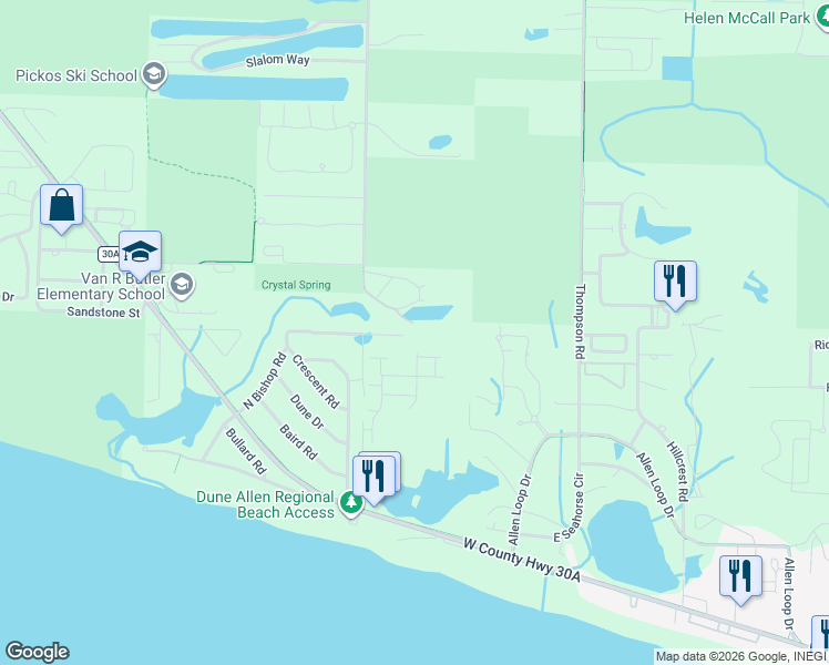 map of restaurants, bars, coffee shops, grocery stores, and more near 225 Spotted Dolphin Road in Santa Rosa Beach