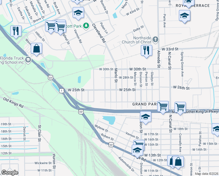 map of restaurants, bars, coffee shops, grocery stores, and more near 3523 Dawson Street in Jacksonville