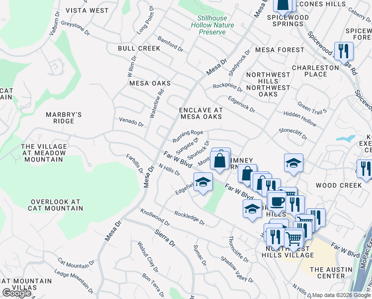 map of restaurants, bars, coffee shops, grocery stores, and more near 7107 Sungate Drive in Austin