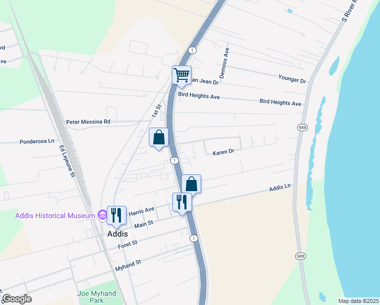 map of restaurants, bars, coffee shops, grocery stores, and more near 7540 Chad Street in Addis