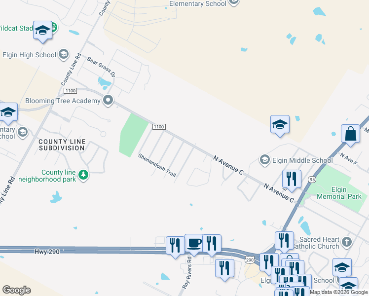 map of restaurants, bars, coffee shops, grocery stores, and more near 101 Cavalry Trail in Elgin