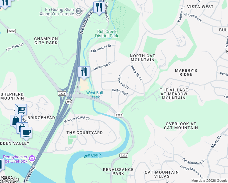 map of restaurants, bars, coffee shops, grocery stores, and more near 6313 Mountain Park Cove in Austin