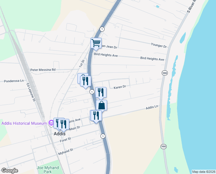 map of restaurants, bars, coffee shops, grocery stores, and more near 7552 Kim Street in Addis