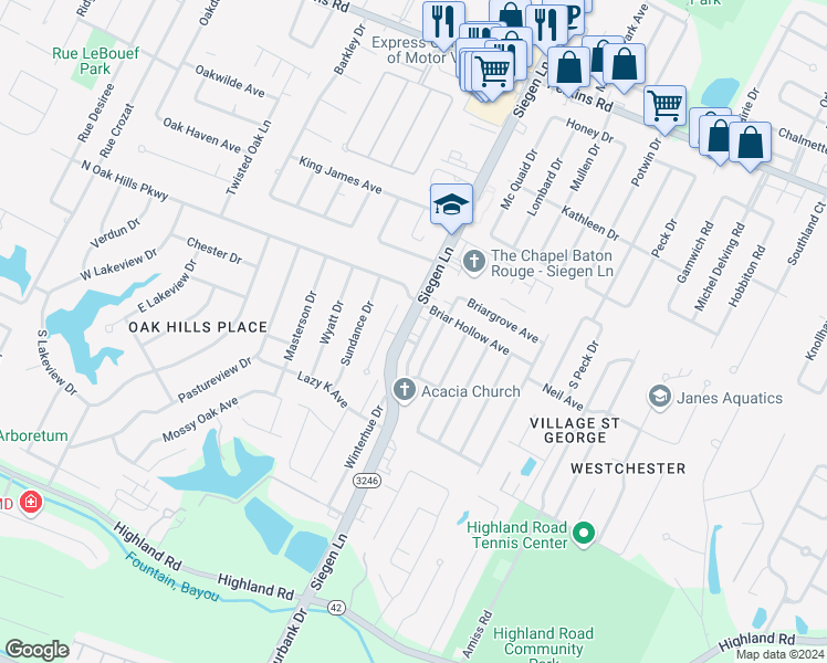 map of restaurants, bars, coffee shops, grocery stores, and more near 9823 Siegen Lane in Baton Rouge