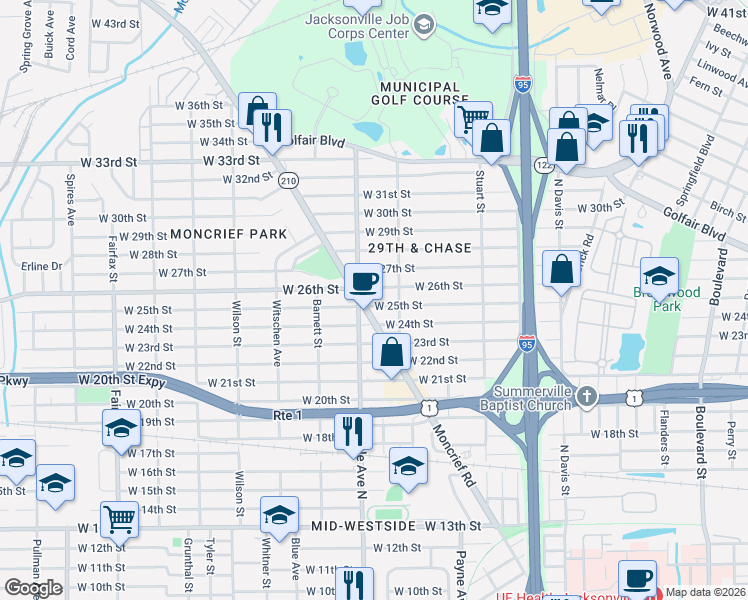 map of restaurants, bars, coffee shops, grocery stores, and more near 1266 West 26th Street in Jacksonville